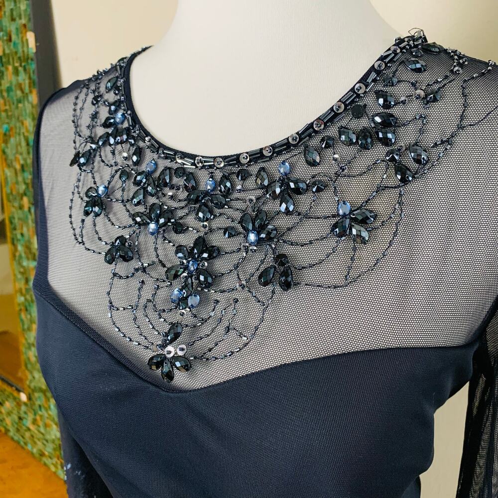 Patra Size 10 Illusion Jeweled Neck Draped Gown Dress Navy Blue Wedding Cocktail - Picture 8 of 14